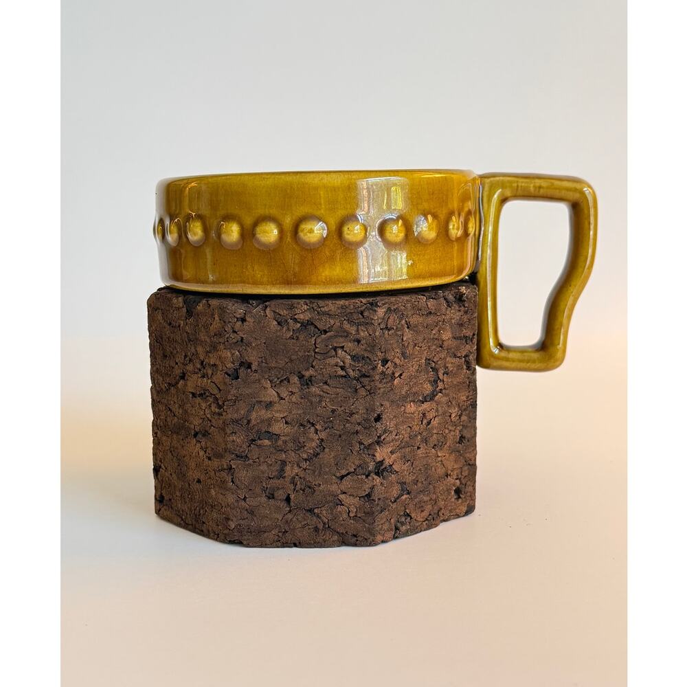 Vintage Ceramic Mug Cork Wrapped Base Mustard Brown Beaded Band Portugal